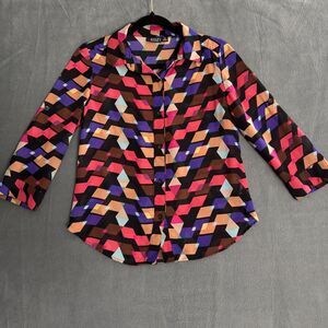 a.n.a Top Women Petite Small Geometric Button Blouse Roll-Tab Business‎ Casual